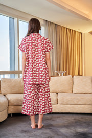 Maroon Shirt Collar Conversational Print Pure Cotton Night Suit For Women