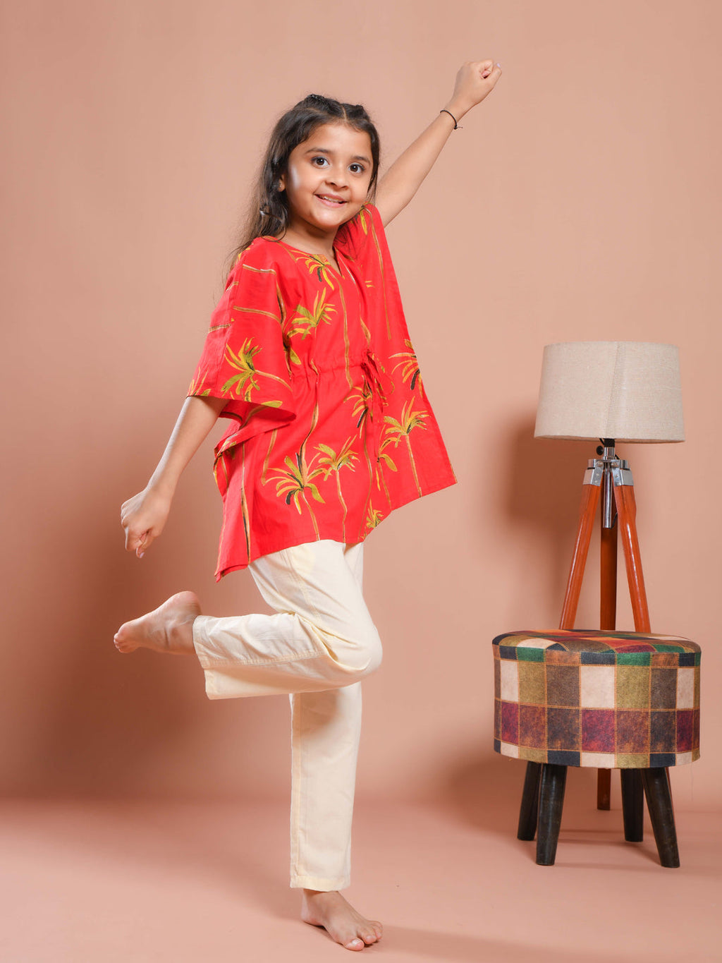 Red Round Neck Floral Printed Kids Night Suit