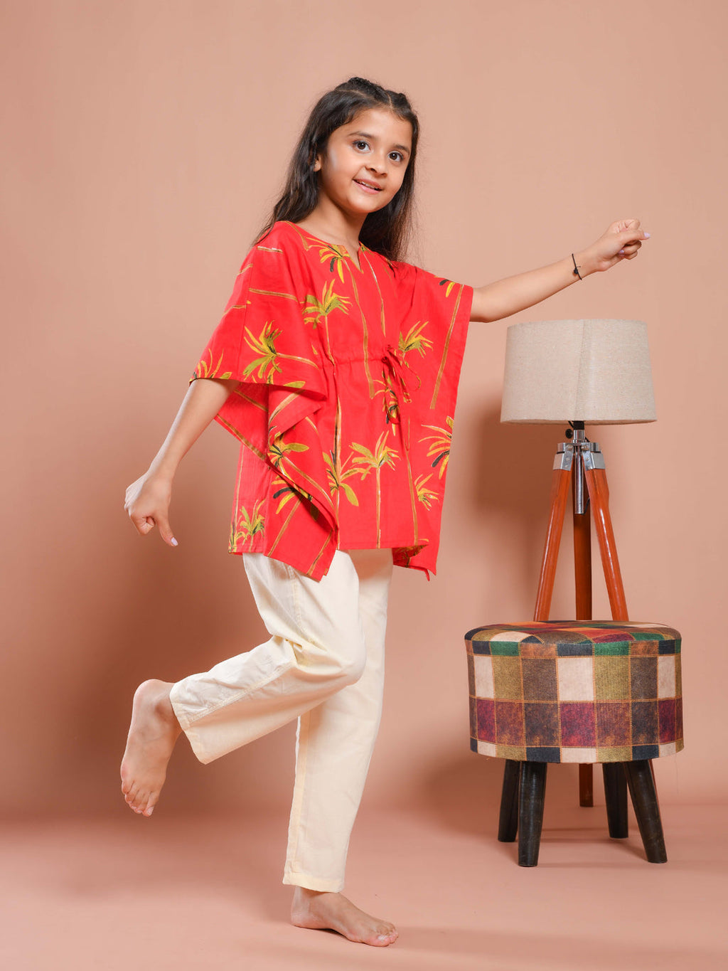 Red Round Neck Floral Printed Kids Night Suit