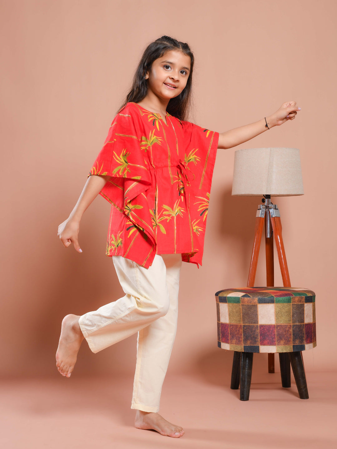 Red Round Neck Floral Printed Kids Night Suit