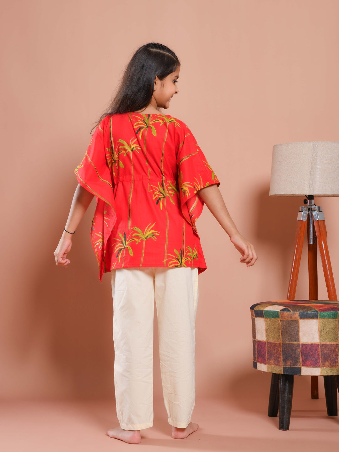 Red Round Neck Floral Printed Kids Night Suit