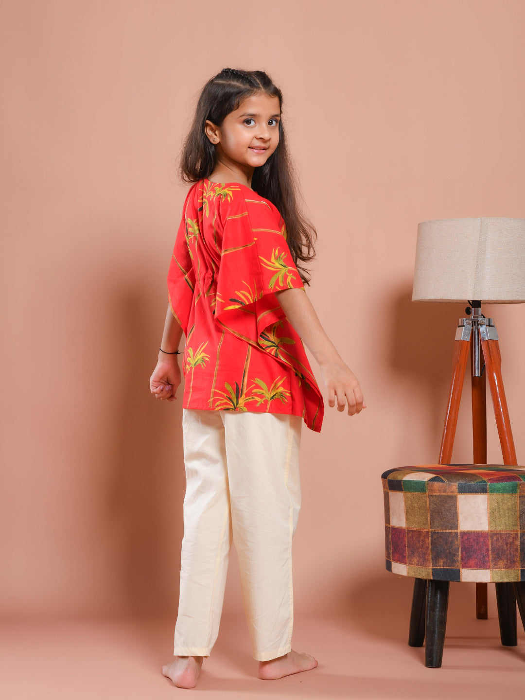 Red Round Neck Floral Printed Kids Night Suit
