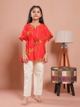 Red Round Neck Floral Printed Kids Night Suit
