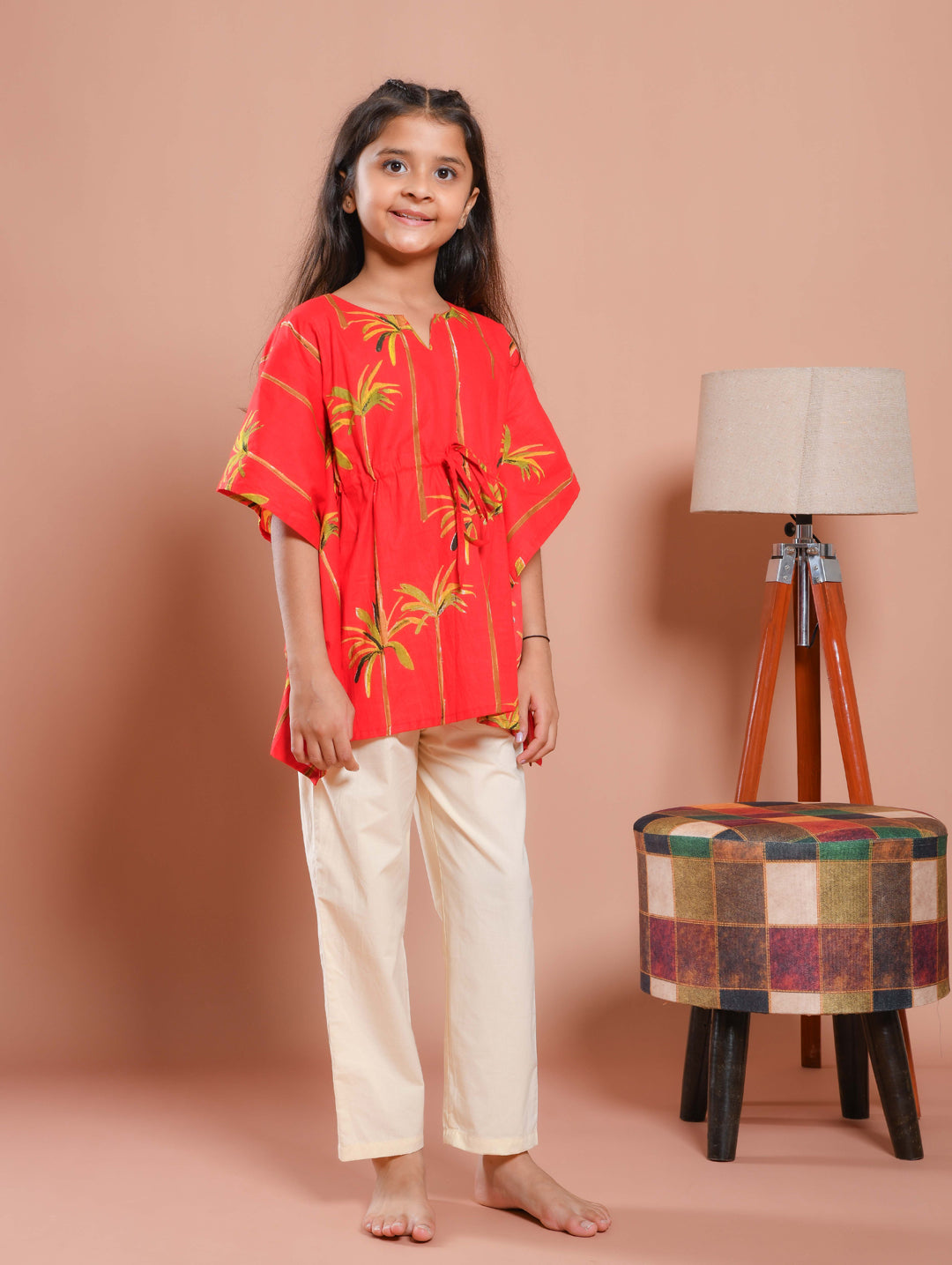 Red Round Neck Floral Printed Kids Night Suit