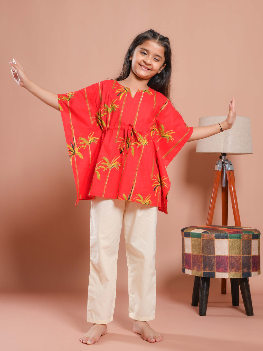 Red Round Neck Floral Printed Kids Night Suit