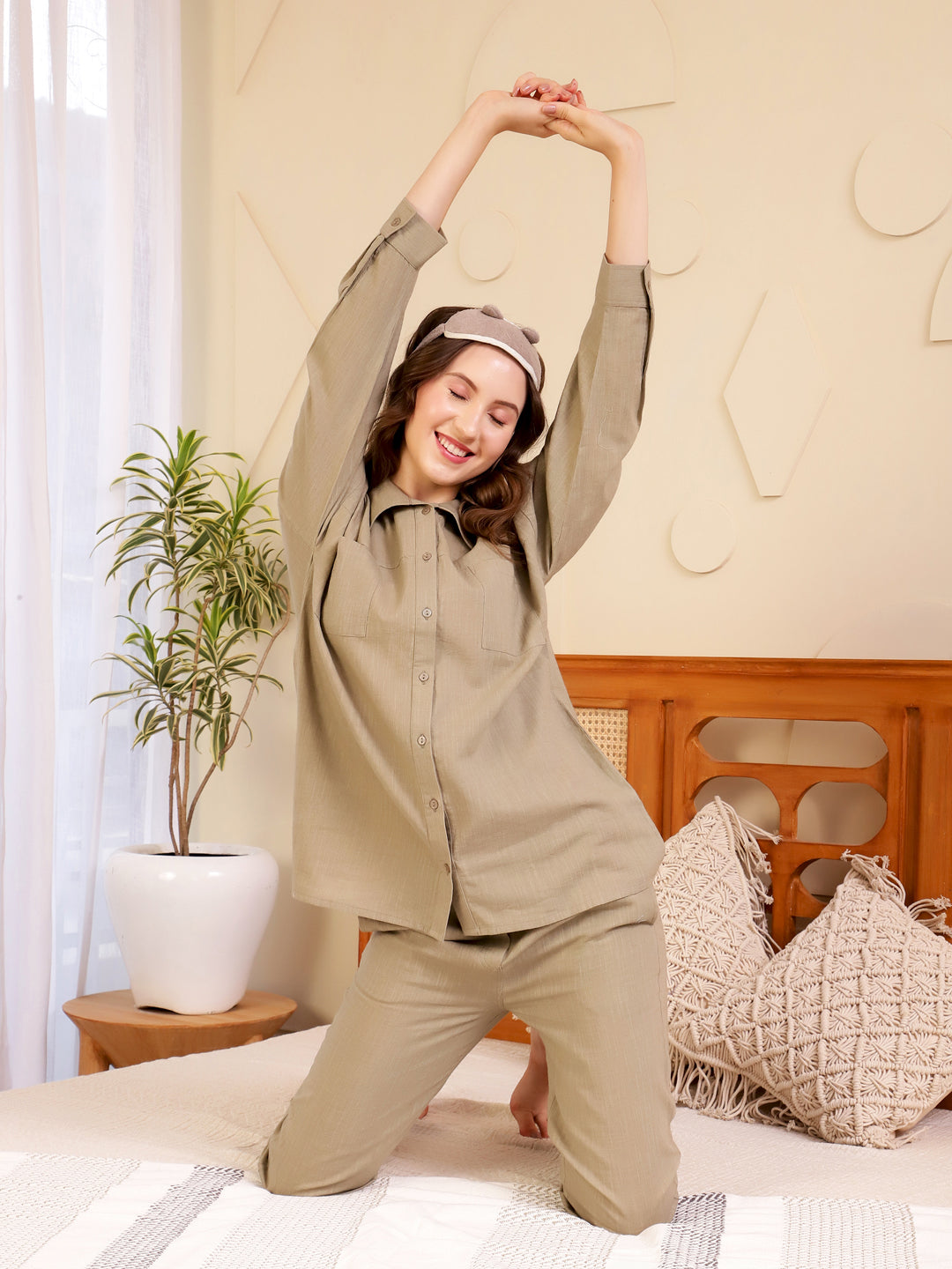 Beige Cotton Co-Ord Night Suit Set