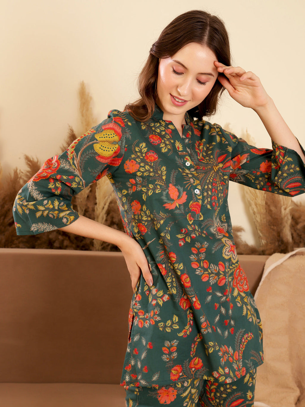 Cotton Printed V-Neck Loungewear Set