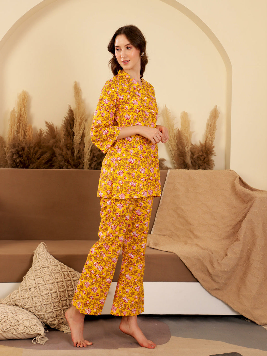 Yellow Printed Cotton Night Suit Set