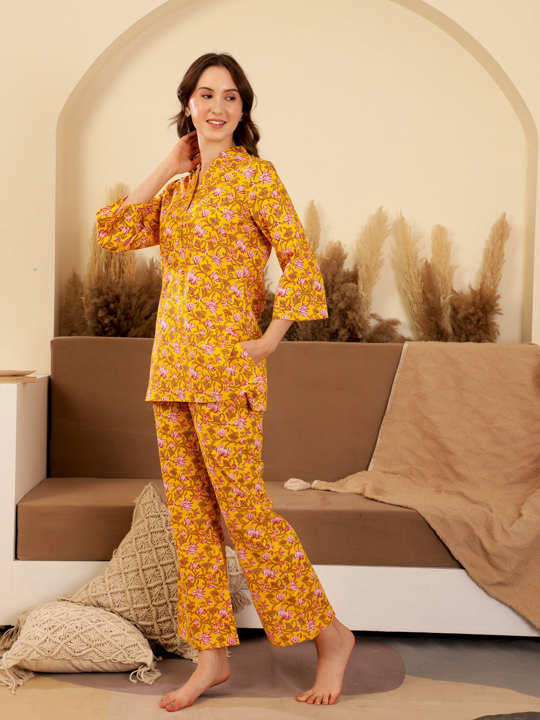 Yellow Printed Cotton Night Suit Set