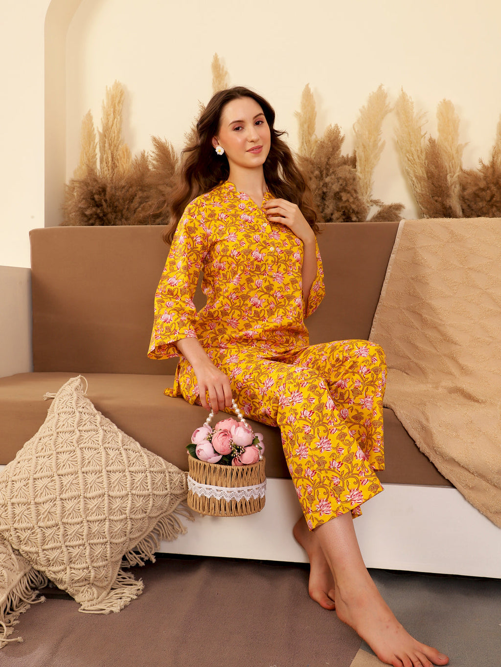 Yellow Printed Cotton Night Suit Set