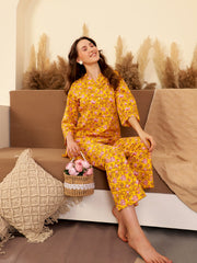 Yellow Printed Cotton Night Suit Set