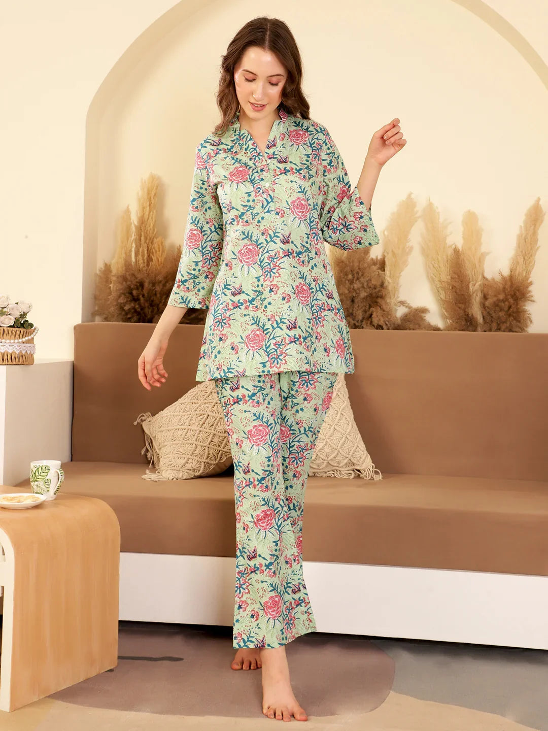 Green Color Printed V-Neck loungewear Set - SanskrutiHomes 