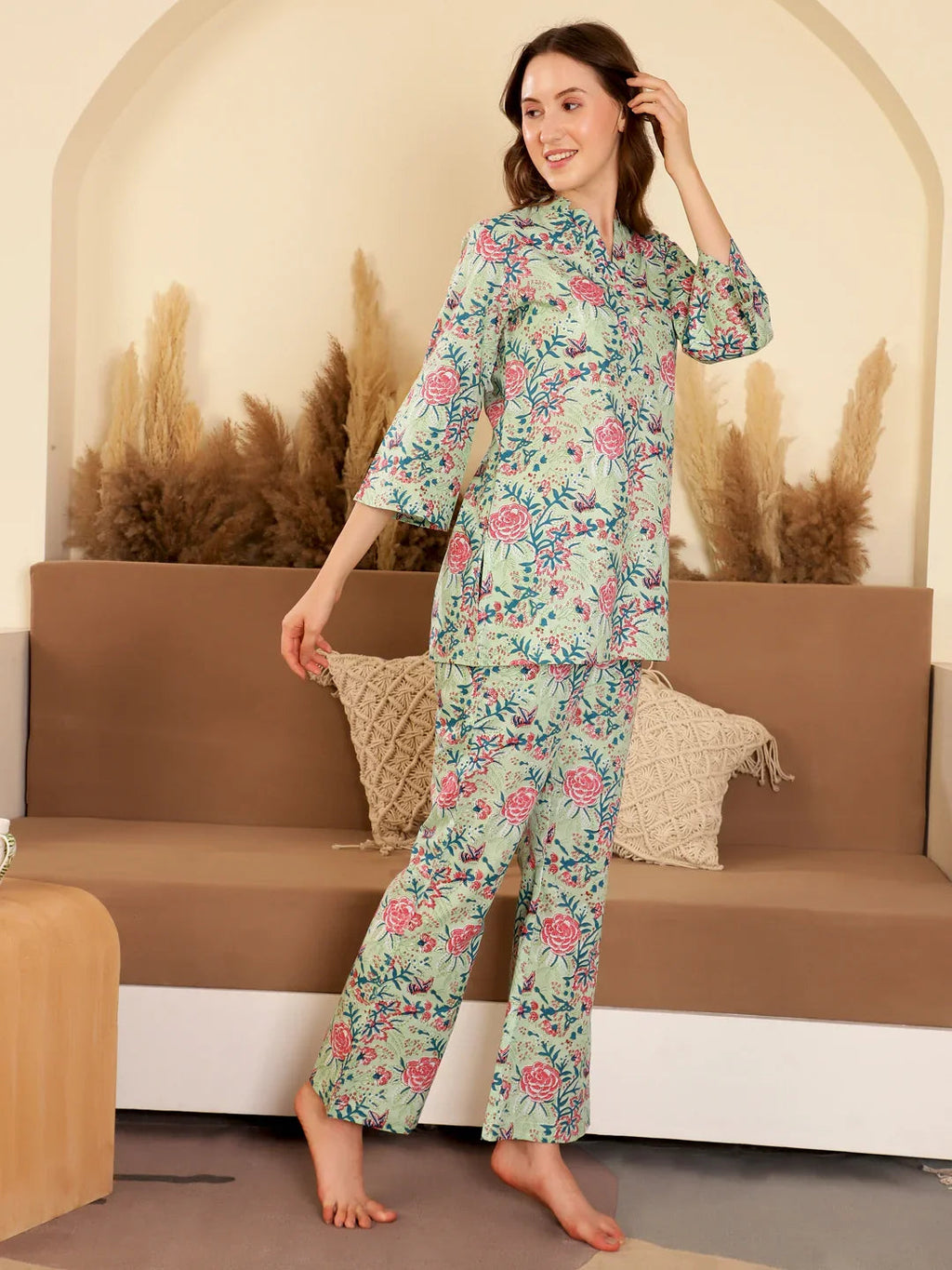 Green Color Printed V-Neck loungewear Set - SanskrutiHomes 