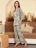 Green Color Printed V-Neck loungewear Set - SanskrutiHomes 