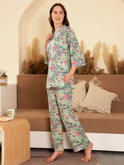Green Color Printed V-Neck loungewear Set - SanskrutiHomes 