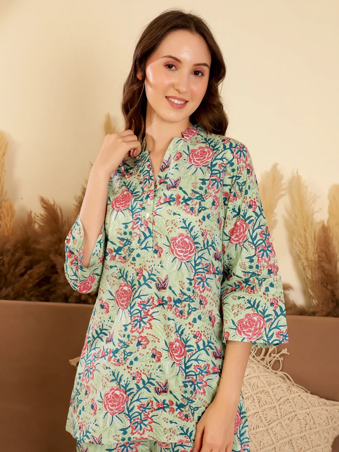Green Color Printed V-Neck loungewear Set - SanskrutiHomes 