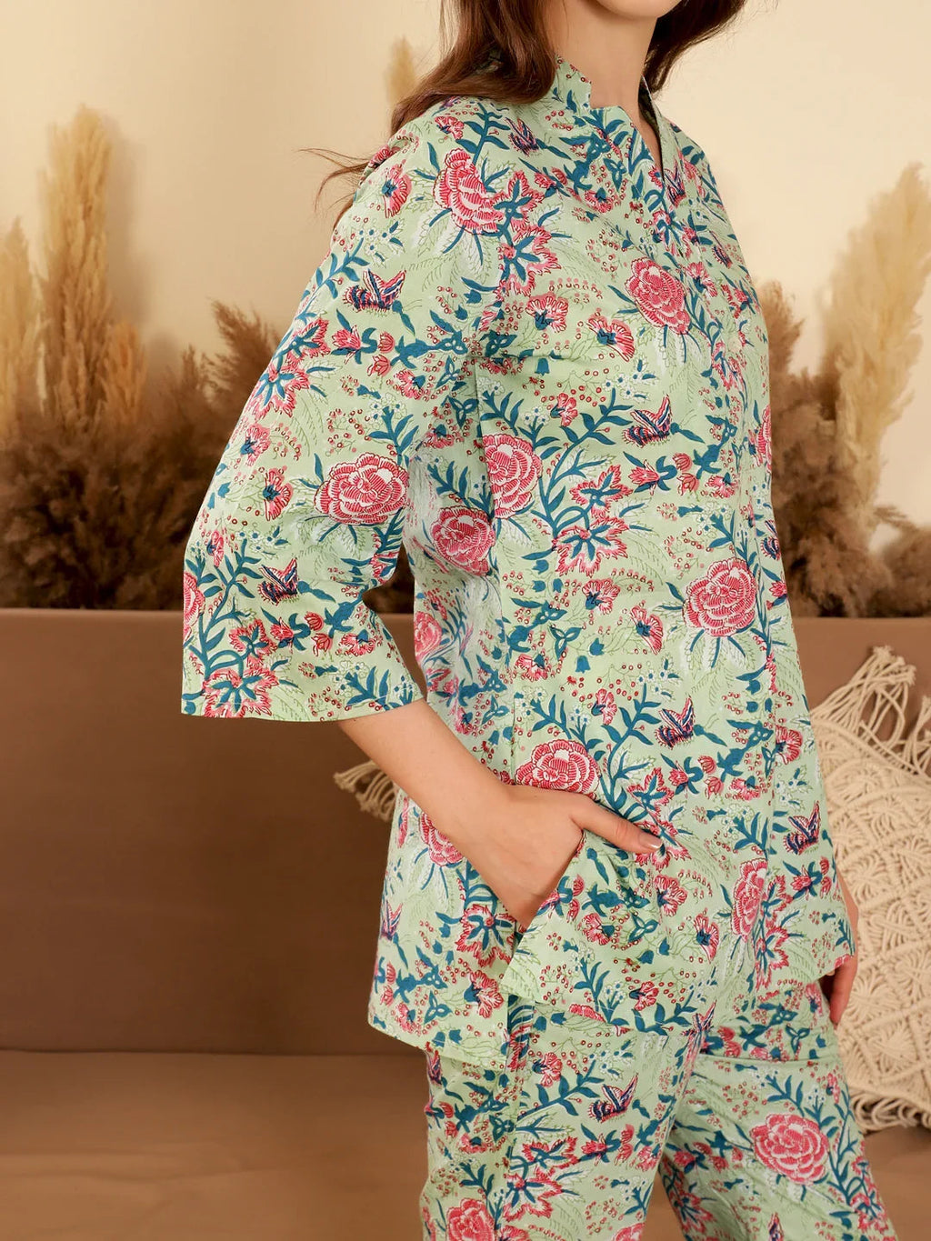 Green Color Printed V-Neck loungewear Set - SanskrutiHomes 