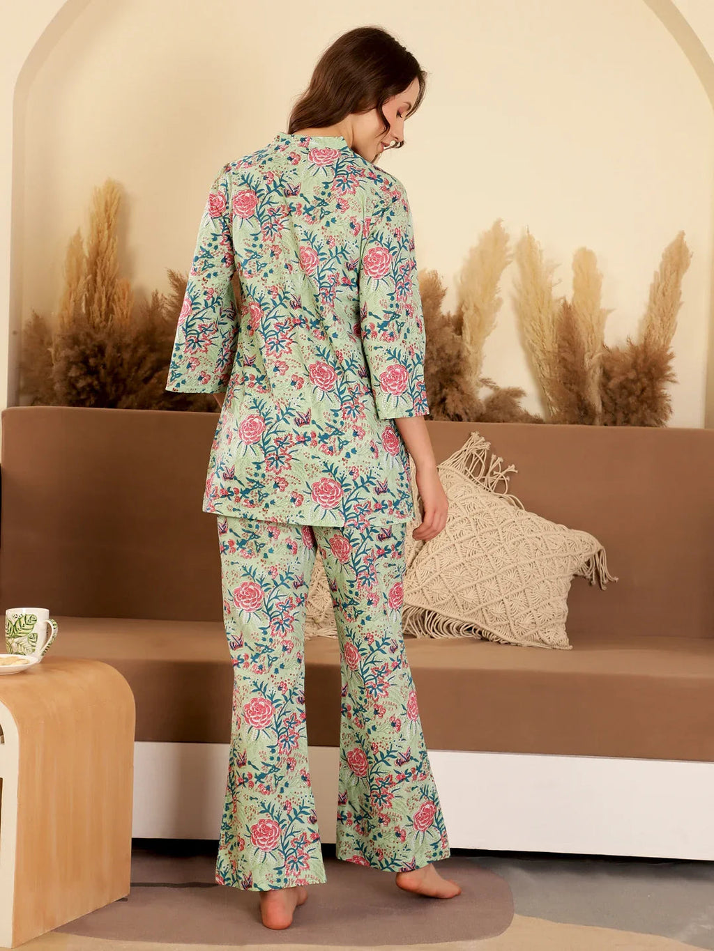 Green Color Printed V-Neck loungewear Set - SanskrutiHomes 