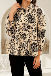 Black Shirt Collar Floral Print Cotton Night Suit For Women