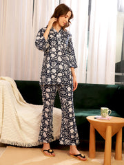 Flower Printed V-Neck Loungewear Set