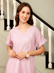Women Pink Solid Print Cotton Night Set