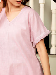 Women Pink Solid Print Cotton Night Set