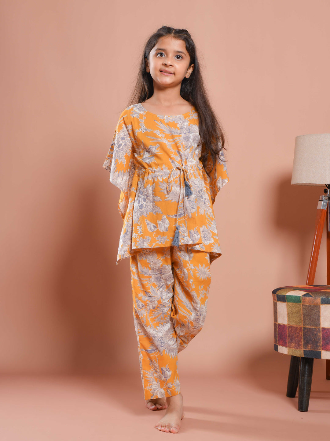 Mustard Floral Printed Kaftan Night Suit - SanskrutiHomes 