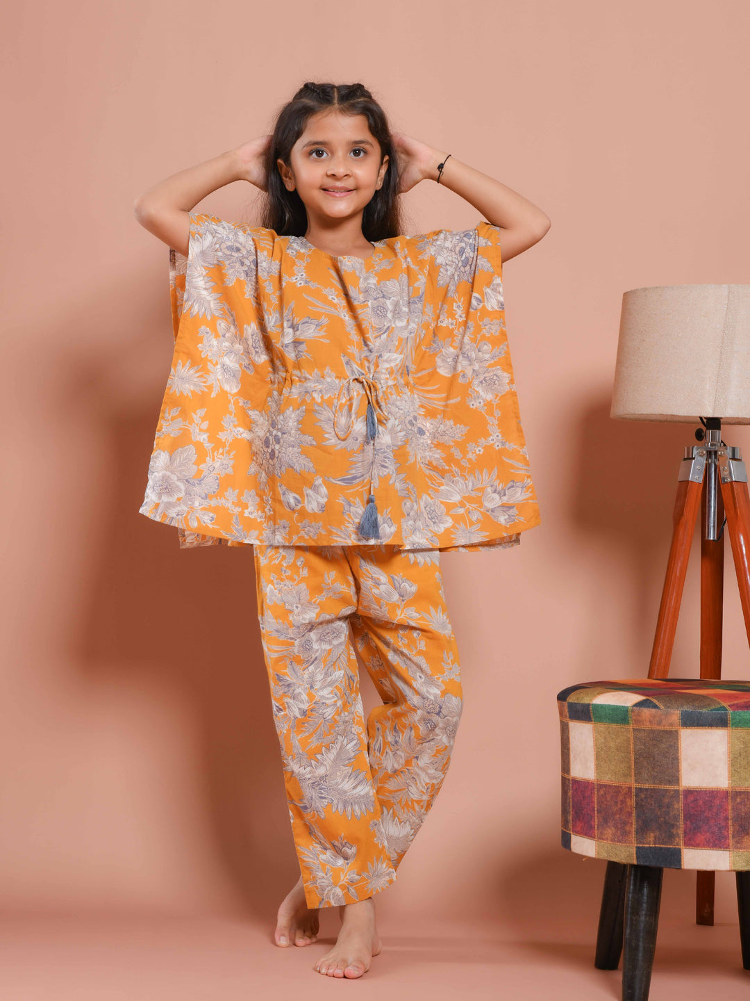 Mustard Floral Printed Kaftan Night Suit - SanskrutiHomes 