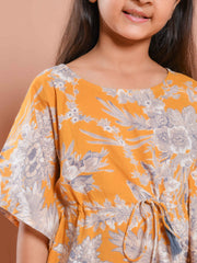 Mustard Floral Printed Kaftan Night Suit - SanskrutiHomes 