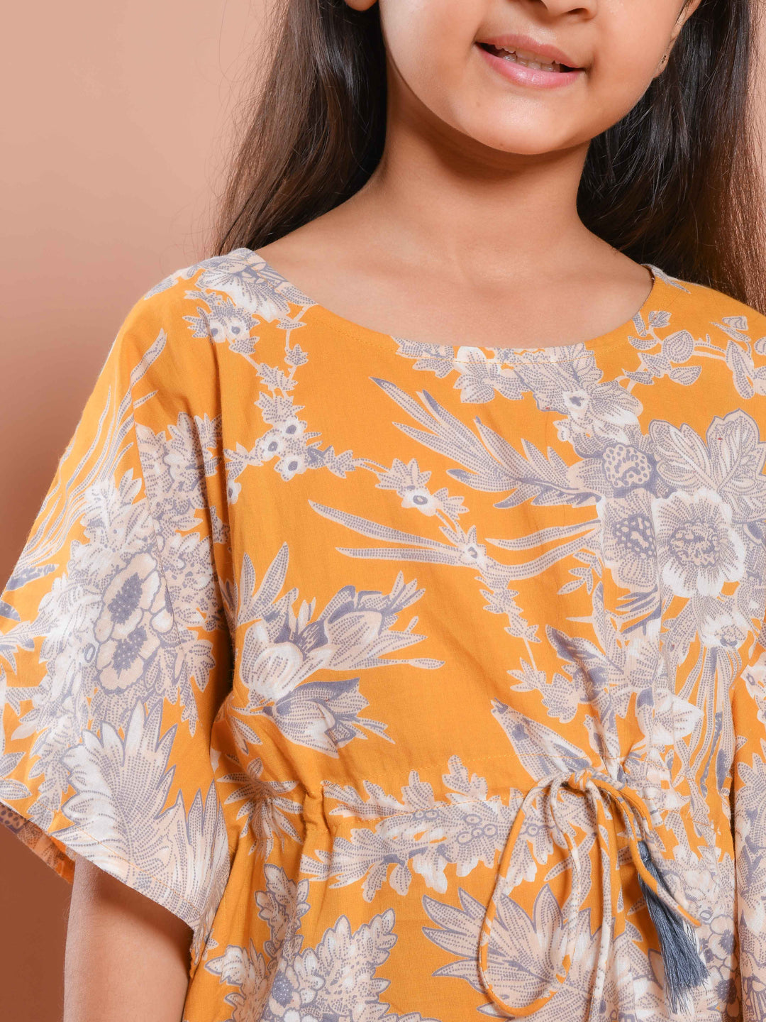 Mustard Floral Printed Kaftan Night Suit - SanskrutiHomes 