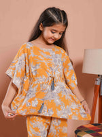 Mustard Floral Printed Kaftan Night Suit - SanskrutiHomes 