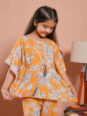 Mustard Floral Printed Kaftan Night Suit - SanskrutiHomes 