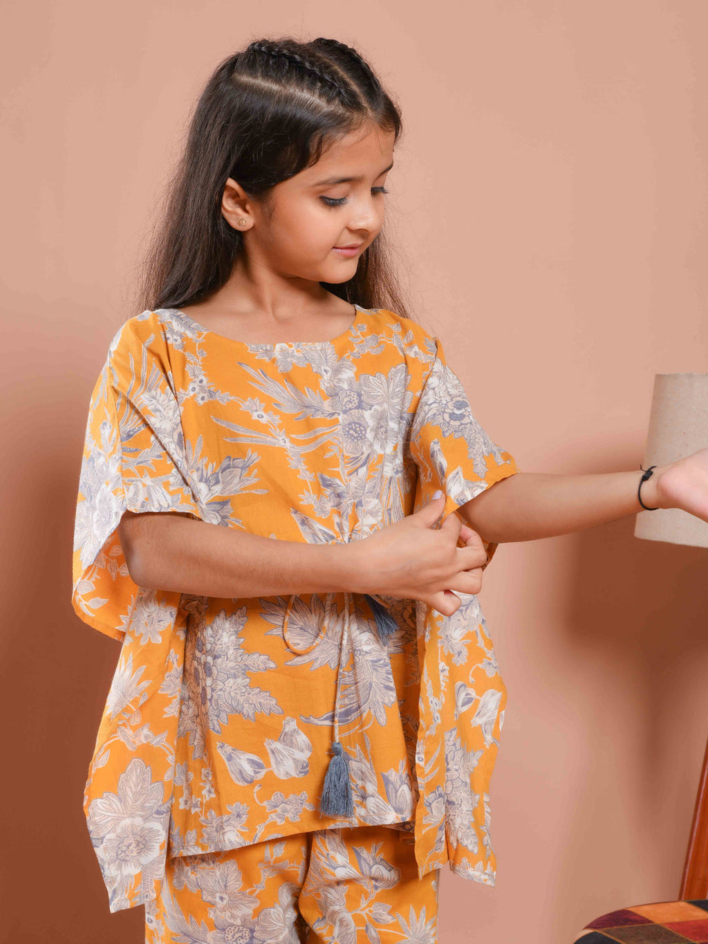 Mustard Floral Printed Kaftan Night Suit - SanskrutiHomes 