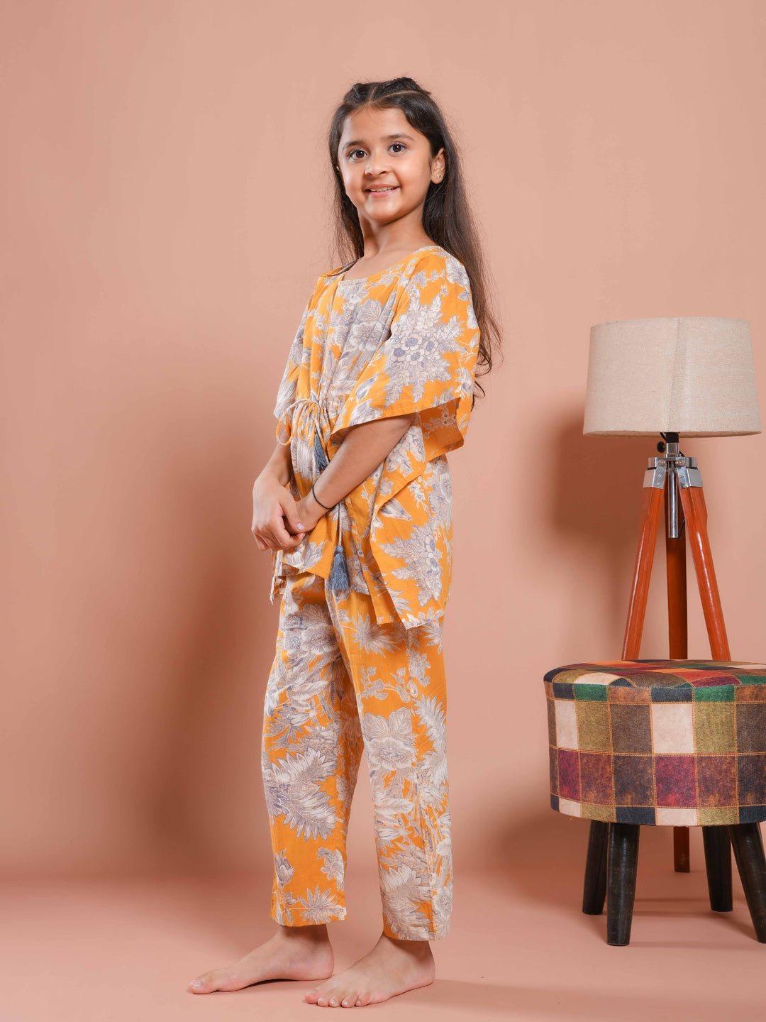 Mustard Floral Printed Kaftan Night Suit - SanskrutiHomes 