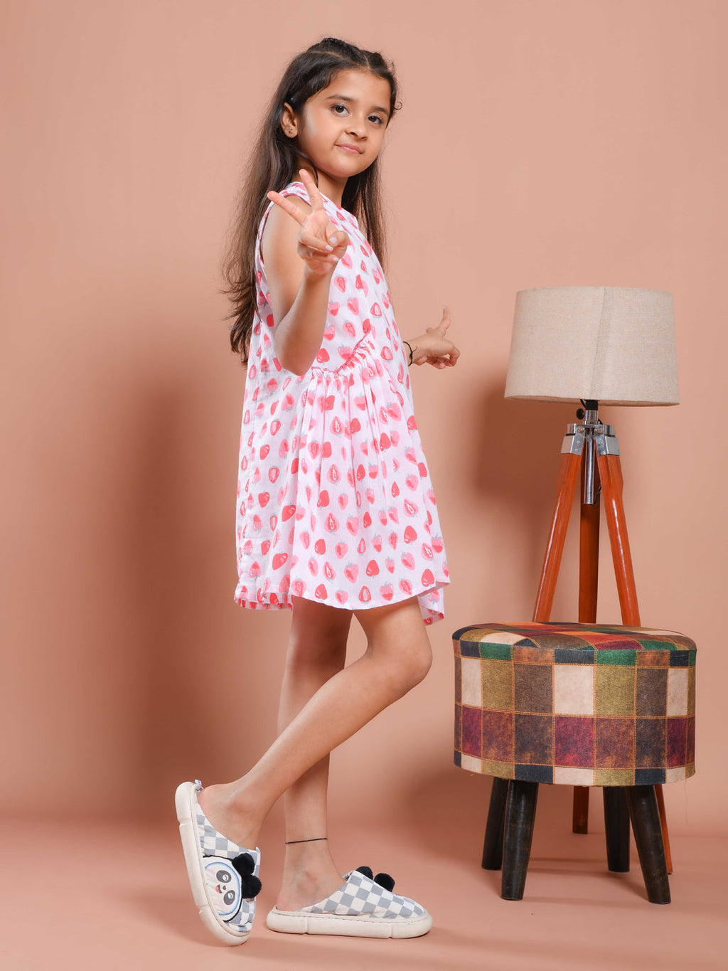 White Strawberry Printed Cotton Dress for Kids - SanskrutiHomes 