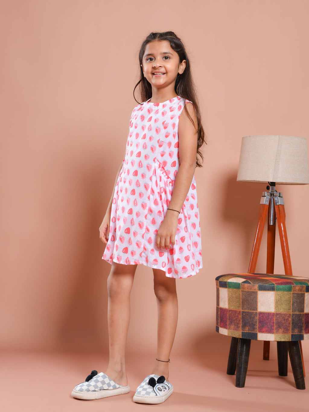 White Strawberry Printed Cotton Dress for Kids - SanskrutiHomes 