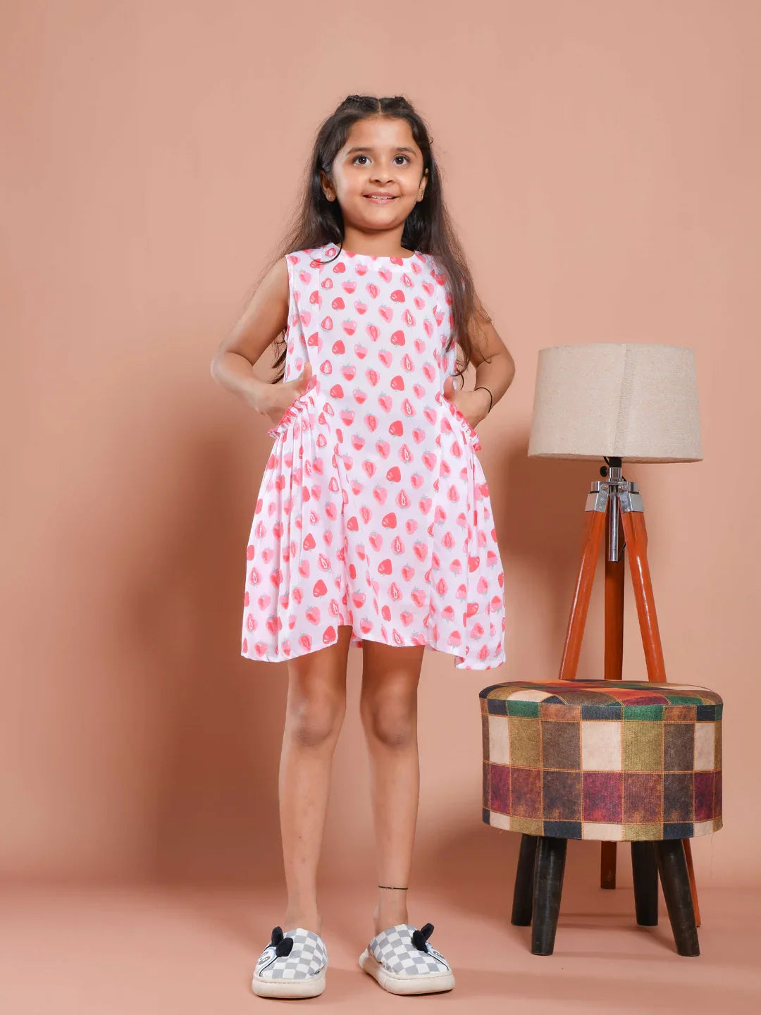 White Strawberry Printed Cotton Dress for Kids - SanskrutiHomes 