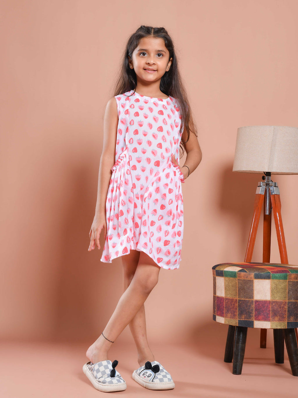 White Strawberry Printed Cotton Dress for Kids - SanskrutiHomes 