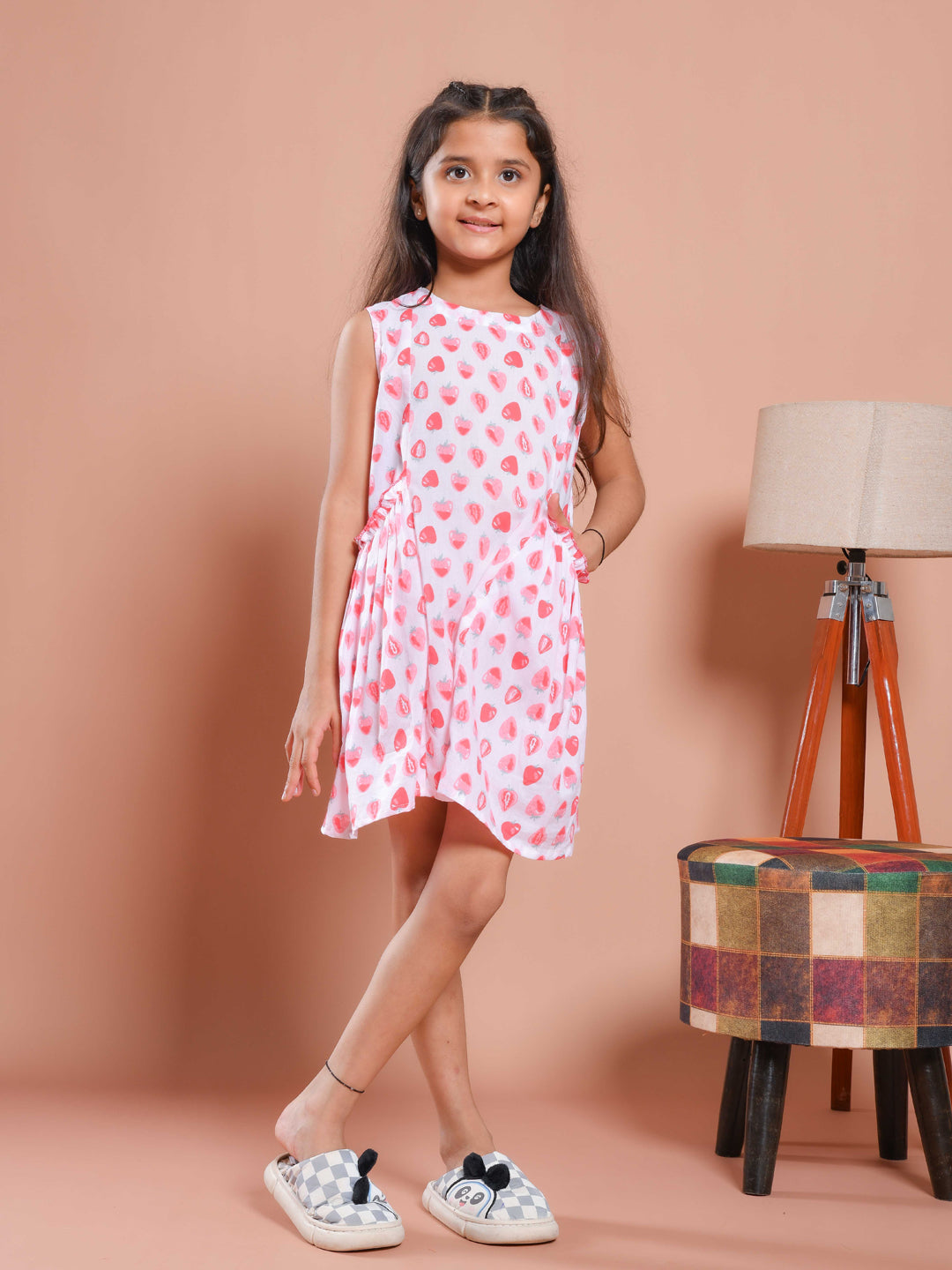White Strawberry Printed Cotton Dress for Kids - SanskrutiHomes 