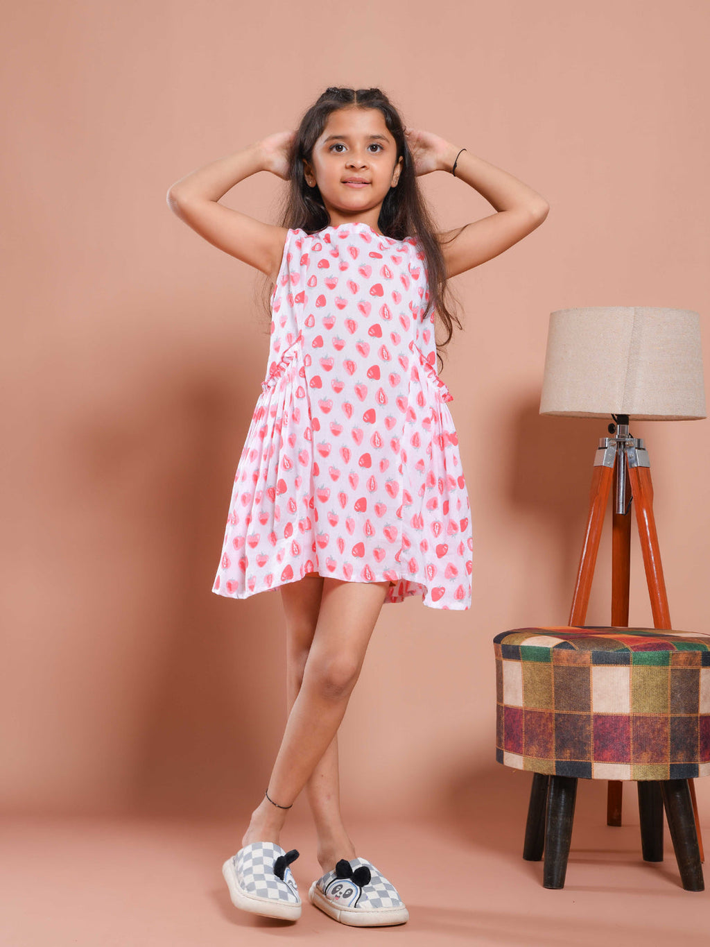 White Strawberry Printed Cotton Dress for Kids - SanskrutiHomes 