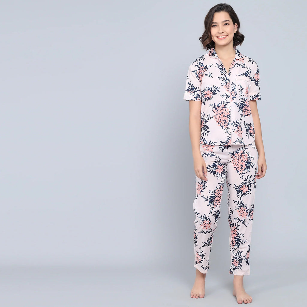 Pink Cotton Printed Night Suit Set with Pajama - SanskrutiHomes 
