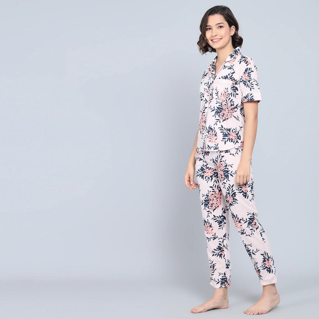 Pink Cotton Printed Night Suit Set with Pajama - SanskrutiHomes 