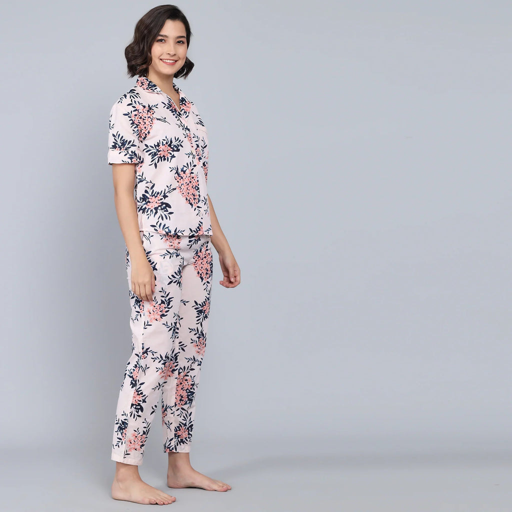 Pink Cotton Printed Night Suit Set with Pajama - SanskrutiHomes 