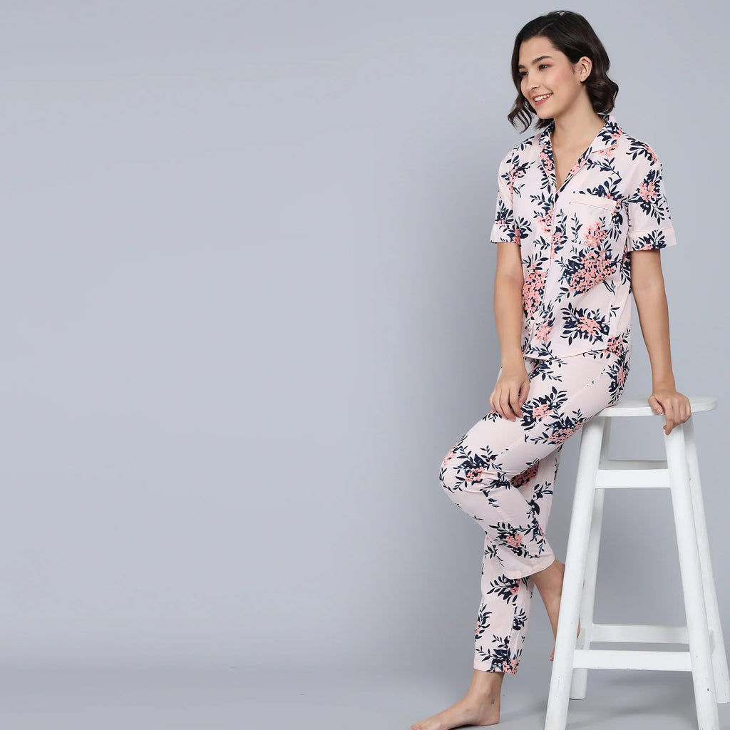 Pink Cotton Printed Night Suit Set with Pajama - SanskrutiHomes 