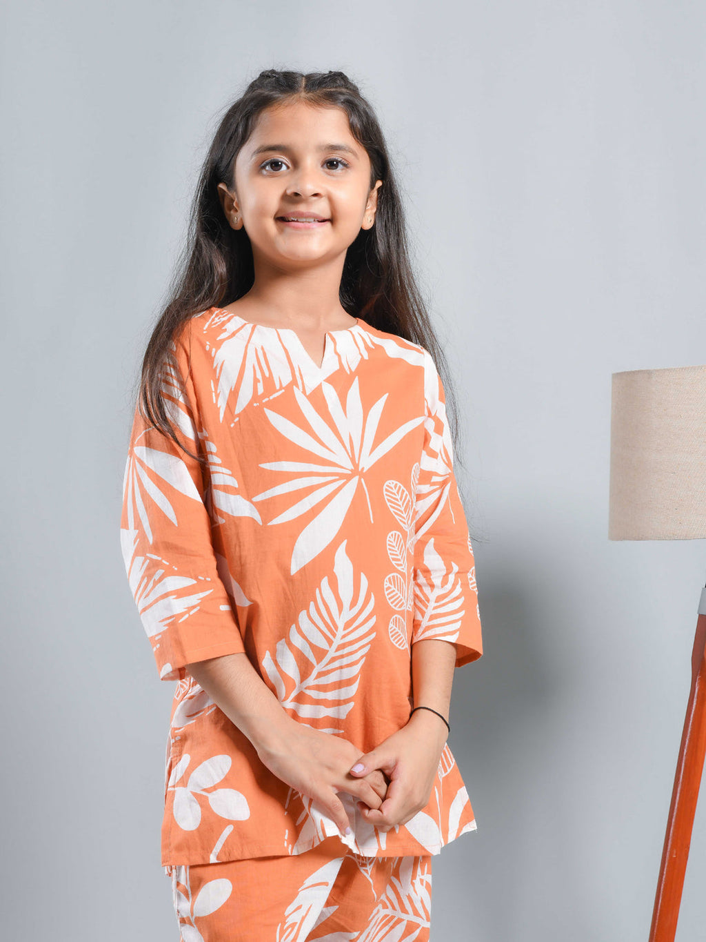Orange Floral Printed Round Neck Kids Night Suit