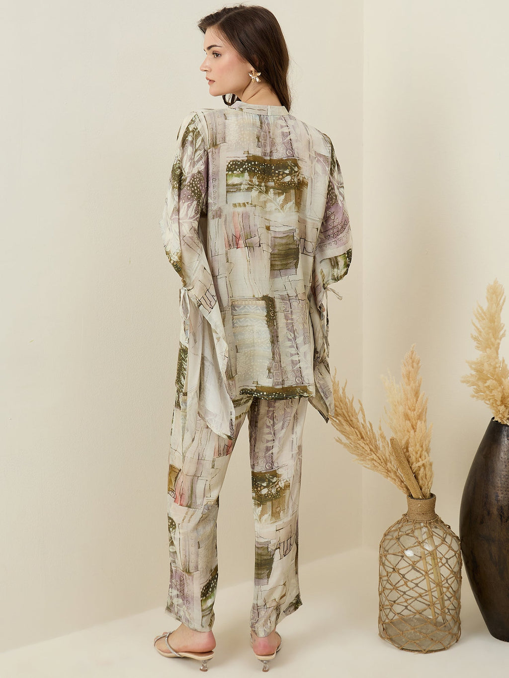Cream V-Neck Viscose Rayon Printed Co-ords Set for Women - SanskrutiHomes 