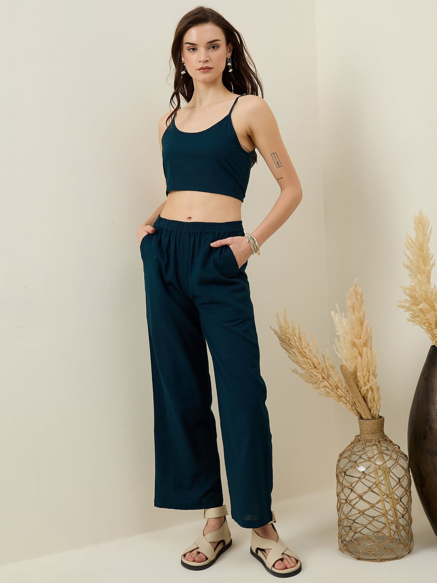 Set of 3 Blue Solid Cotton Co-ords Set for Women - SanskrutiHomes 