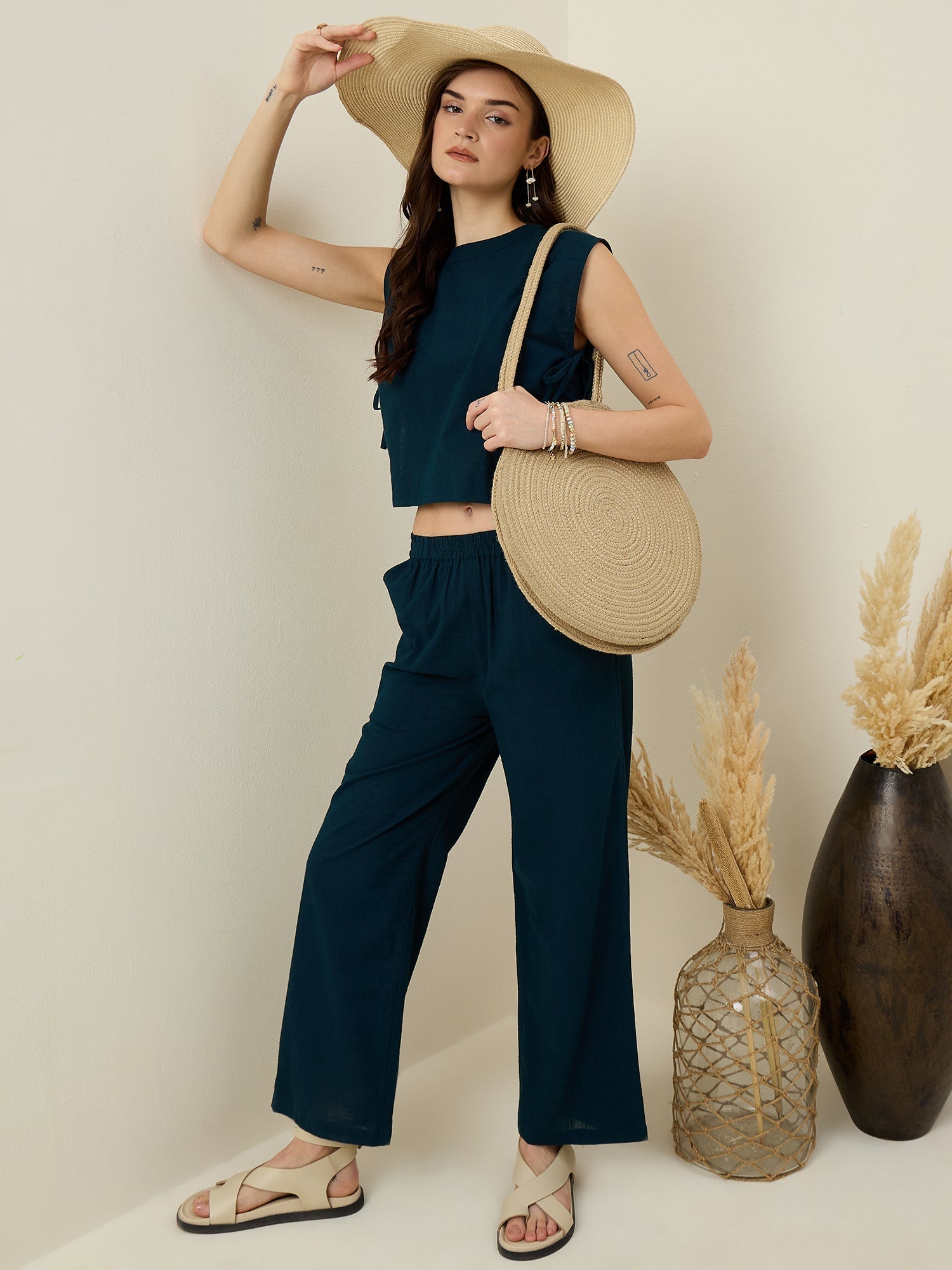 Set of 3 Blue Solid Cotton Co-ords Set for Women - SanskrutiHomes 