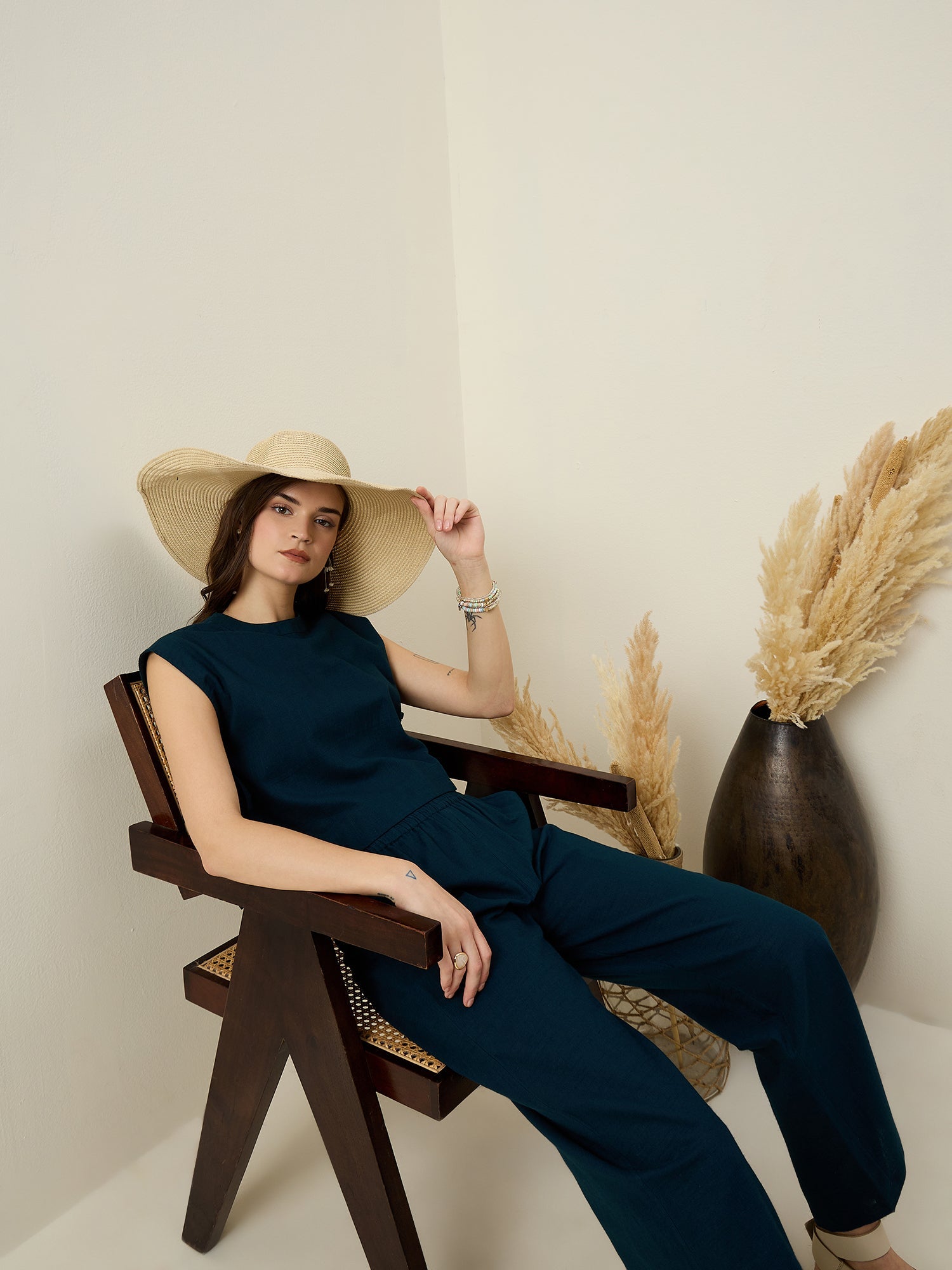 Set of 3 Blue Solid Cotton Co-ords Set for Women - SanskrutiHomes 