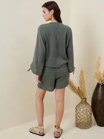 Green Solid V-Neck Co-ords Set for Women - SanskrutiHomes 